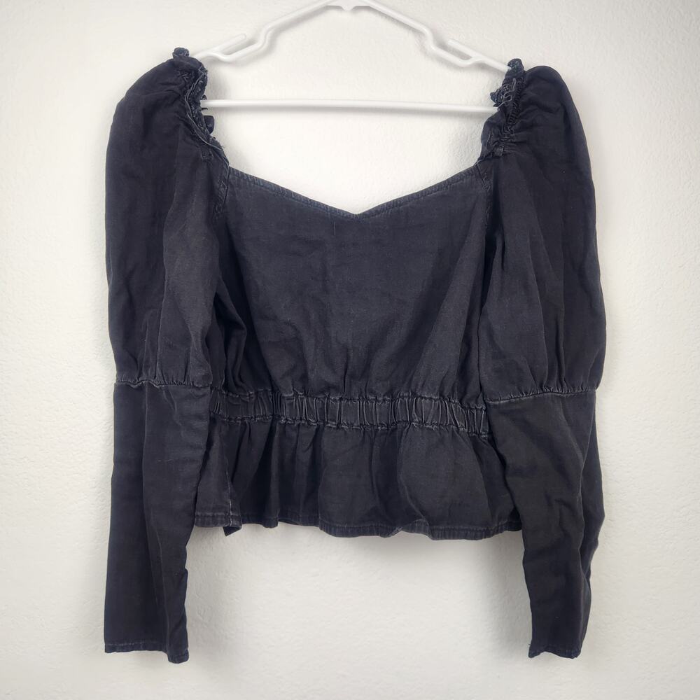 Topshop Washed Black Denim Puff Long Sleeve Cropped Top Size 6 NWT
